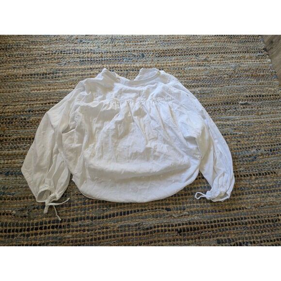 White Swiss Dot Henley 100% Cotton Long Puff Sleeve S Crop Curved Hem Cottagecor - Picture 9 of 9